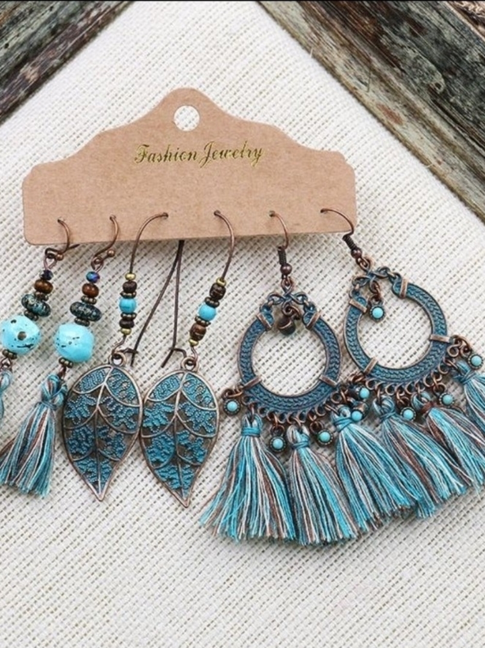 Fashion Jewelry Turquoise and Copper Tassel Hoop & Leaf Dangle Earring Set